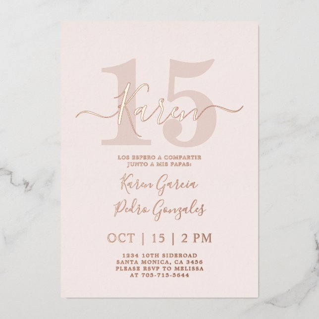 Real Rose Gold feuille Quinceañera Invitation (Recto)