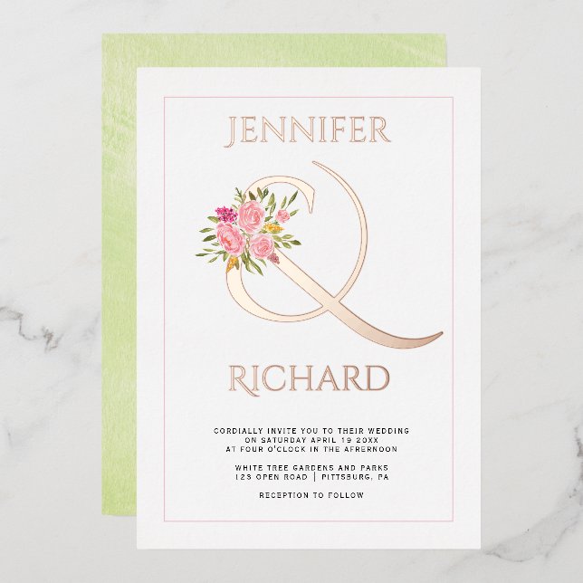 Real rose gold foil ampersand, roses green wedding (Front/Back)