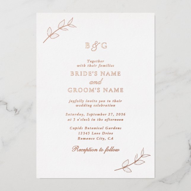 Real Rose Gold Foil Leaves Monogram Wedding (Front)