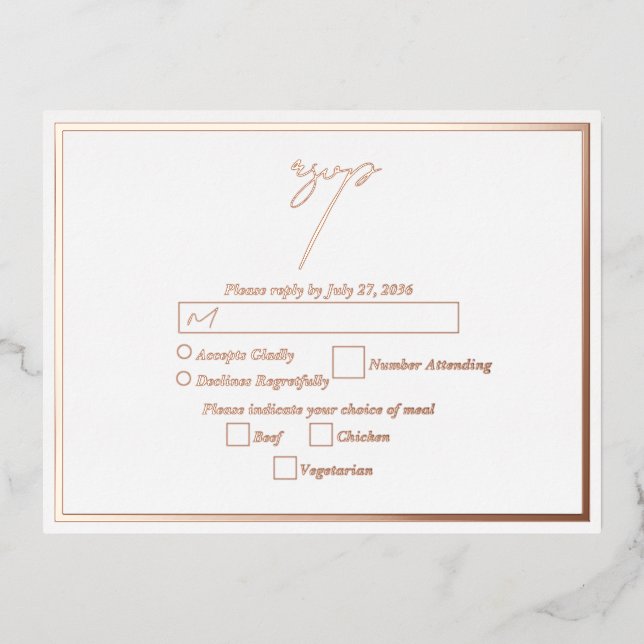 Real Rose Gold Foil White Wedding RSVP Foil Invitation Postcard (Front)