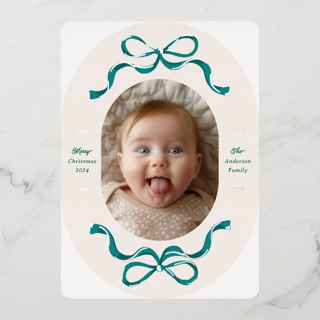 Real Silver and Turquoise Bows Oval Photo Holiday (Front)