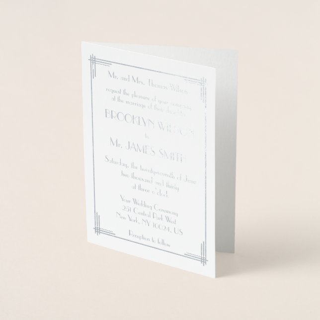 Real Silver Foil Art Deco Wedding Invitations (Front)
