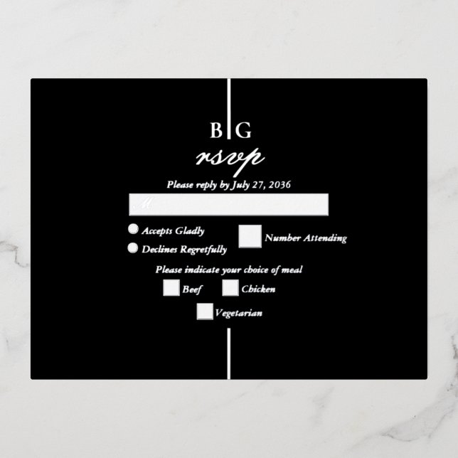 Real Silver Foil Black Monogram Wedding RSVP Invitation Postcard (Front)