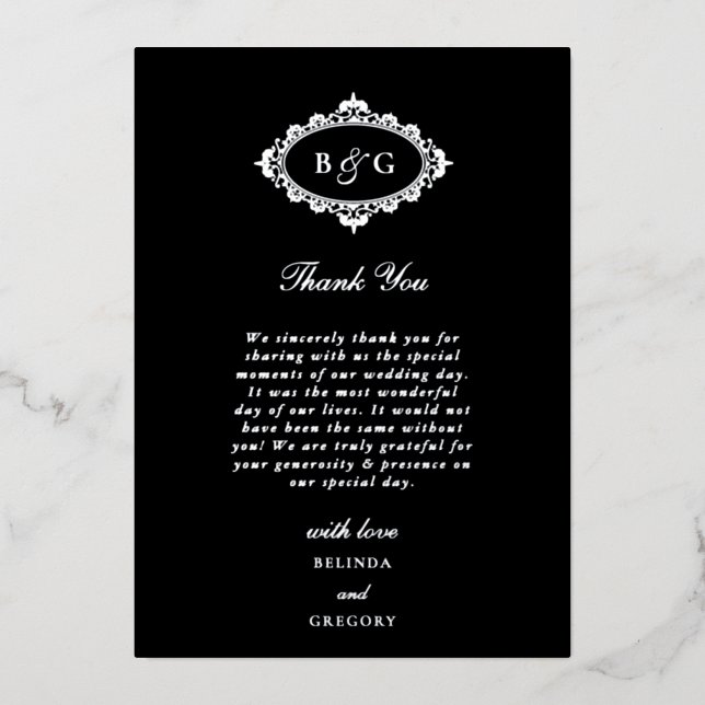 Real Silver Foil Black Wedding Thank You Card (Front)