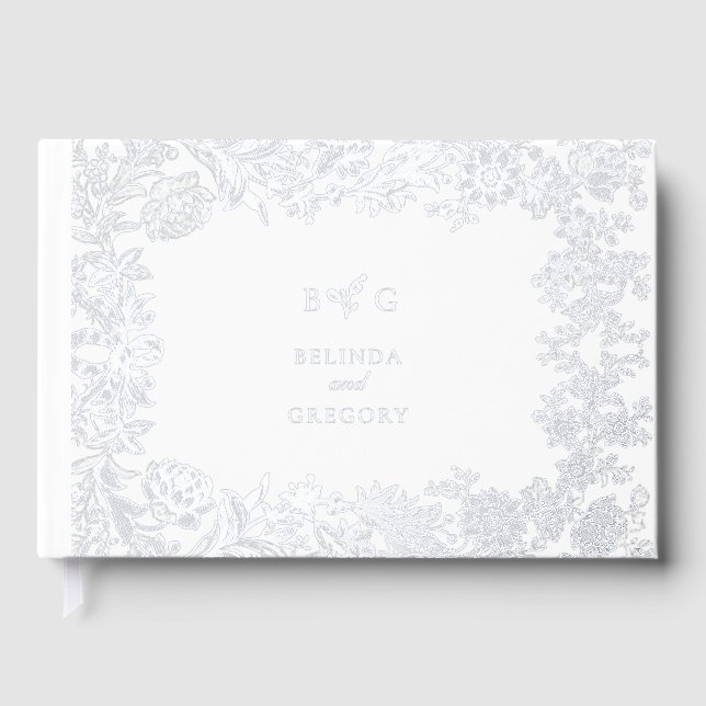 Real Silver Foil Elegant Floral Botanical Wedding Guest Book (Front)