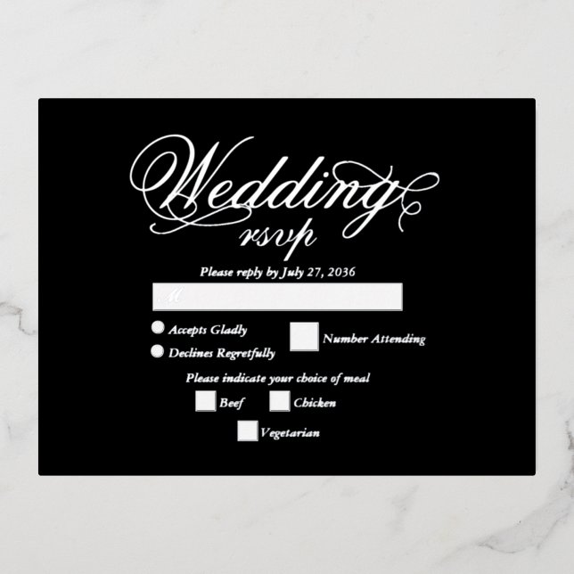Real Silver Foil Elegant Luxury Black Wedding RSVP Foil Invitation Postcard (Front)