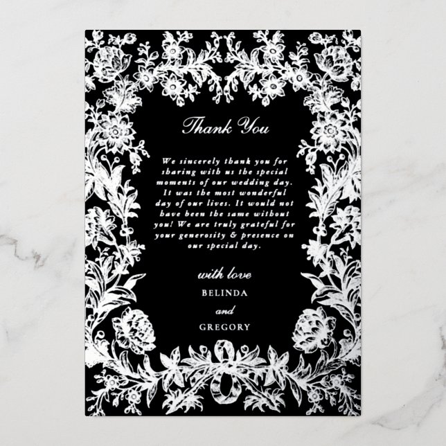 Real Silver Foil Floral Black Wedding Thank You (Front)