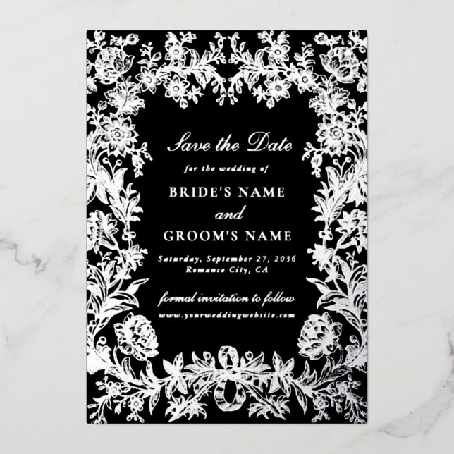 Real Silver Foil Floral Wedding Save the Date Card (Front)