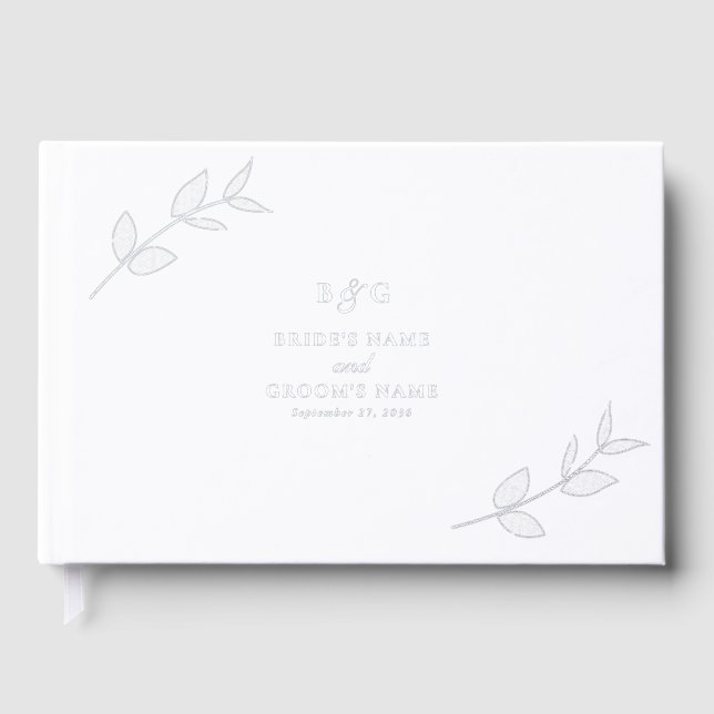 Real Silver Foil Leaves Elegant Monogram Wedding Guest Book (Front)
