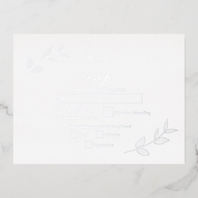 Real Silver Foil Leaves Elegant Wedding RSVP Foil Invitation Postcard (Front)