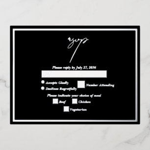 Real Silver Foil Metallic Wedding RSVP Black Invitation Postcard