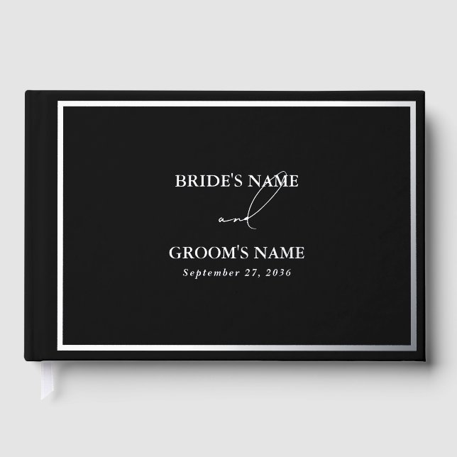 Real Silver Foil Modern Black & Silver Wedding Guest Book (Front)