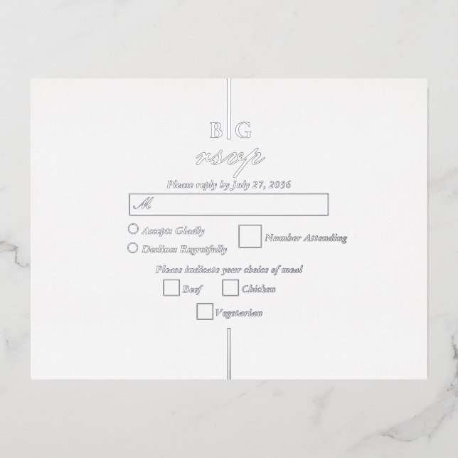 Real Silver Foil Monogram Wedding RSVP Foil Invitation Postcard (Front)