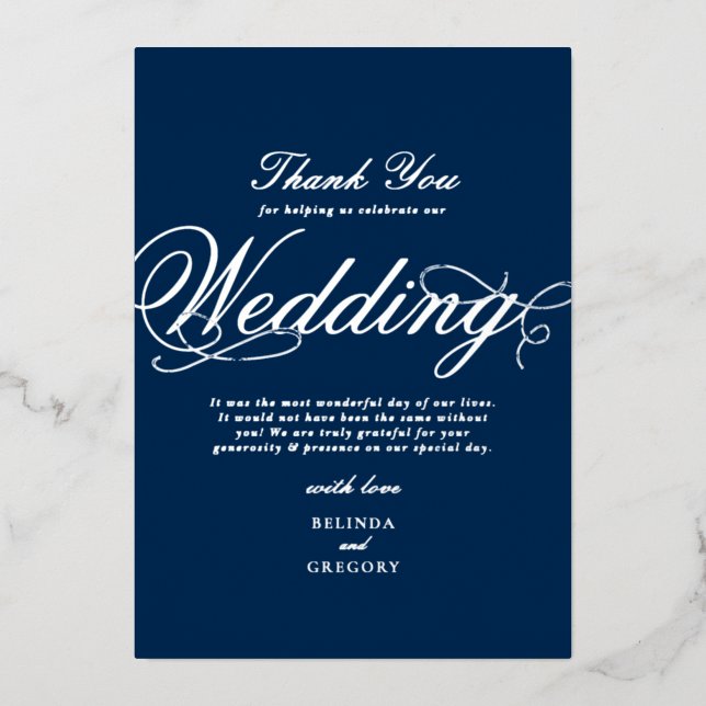 Real Silver Foil Navy Blue Wedding Thank You (Front)