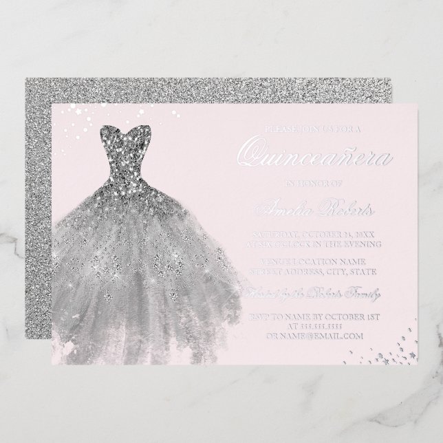 REAL SILVER FOIL Sparkle Dress Pink Quinceanera (Front/Back)