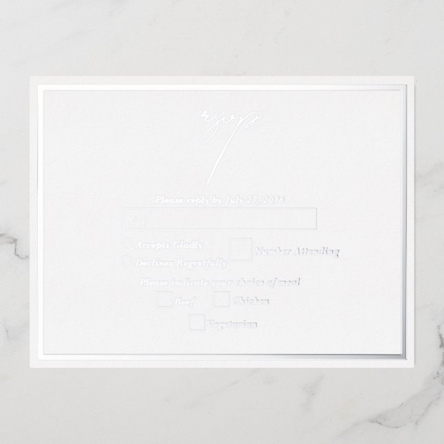 Real Silver Foil White & Silver Wedding RSVP Foil Invitation Postcard (Front)