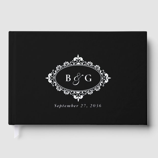 Real Silver Foil Wreath Elegant Black Wedding Guest Book (Front)