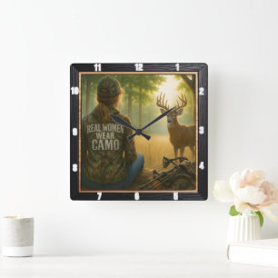 Real Women Camo Huntress Forest Square Wall Clock