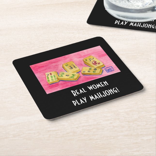 Real Women Play Mahjong Square Paper Coaster (Angled)