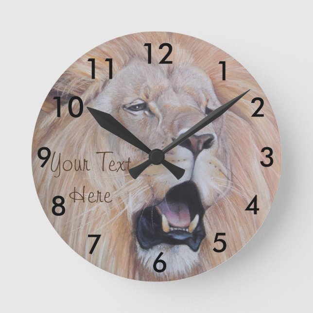 realist wildlife painting of big cat roaring lion round clock (Front)