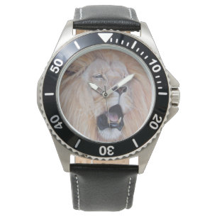 realist wildlife painting of big cat roaring lion watch