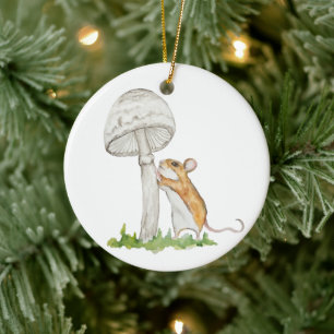 Realistic a funny field mouse and mushroom ceramic ornament
