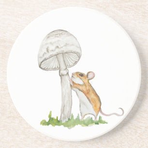 Realistic a funny field mouse and mushroom coaster
