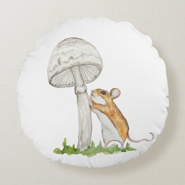 Realistic a funny field mouse and mushroom round pillow (Front)