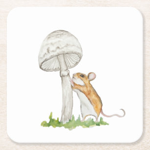Realistic a funny field mouse and mushroom square paper coaster