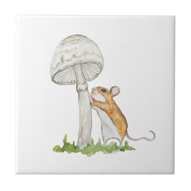Realistic a funny field mouse and mushroom tile (Front)