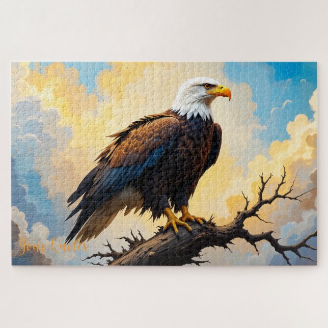 Realistic Bald Eagle Perched on Branch Sunset Jigsaw Puzzle (Horizontal)