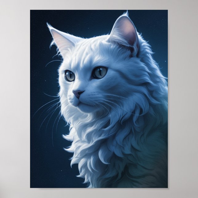 Realistic Beautiful Starry Night Sky White Cat  Poster (Front)