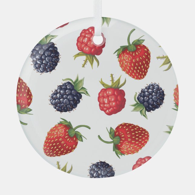 Realistic Berries Delicious Seamless Pattern Glass Ornament (Front)