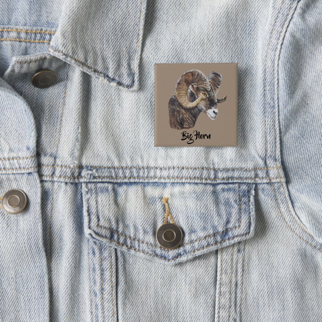 Realistic Big Horn Sheep 2 Inch Square Button (In Situ)
