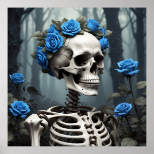 Realistic Blue Roses Floral Skeleton Poster
