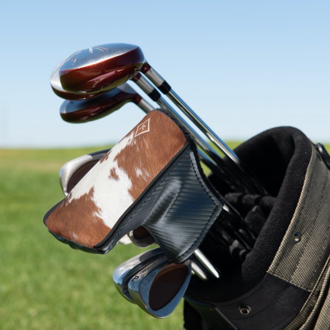 Realistic brown and white cowhide texture monogram golf head cover (In Situ)