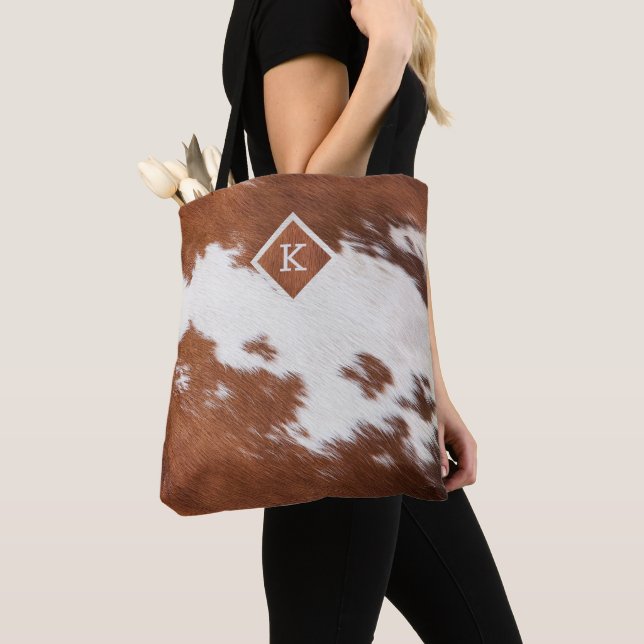 Realistic brown and white cowhide texture monogram tote bag (Close Up)