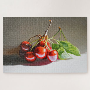 Realistic Cherry Still Life with Leaves Fine Art Jigsaw Puzzle