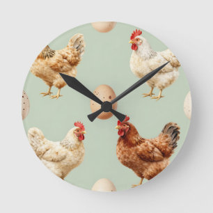 Realistic Chickens Farm Fresh Eggs Pattern Round Clock