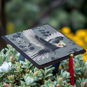 Realistic Cockatiel Bird in Flight Elegant Grey Graduation Cap Topper