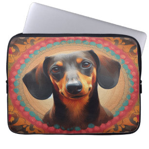 Realistic Colourful Border Cute Dachshund Dog love Laptop Sleeve