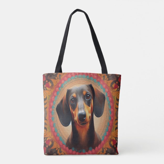 Realistic Colourful Border Cute Dachshund Dog love Tote Bag (Back)