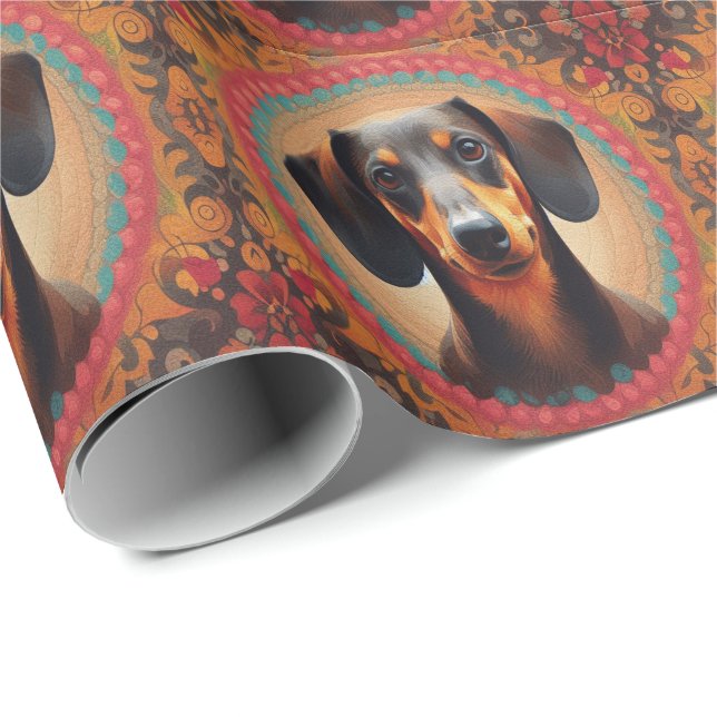 Realistic Colourful Border Cute Dachshund Dog love Wrapping Paper (Roll Corner)
