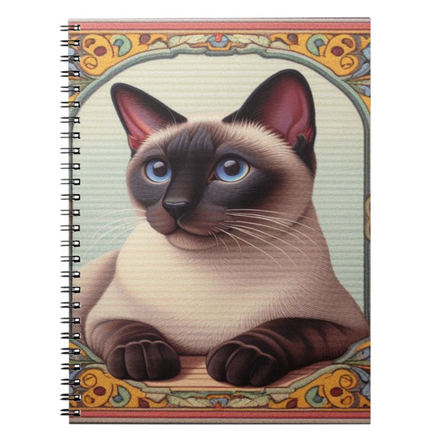 Realistic Cute Siamese Cat Colourful Floral Border Notebook (Front)