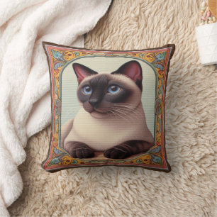 Realistic Cute Siamese Cat Colourful Floral Border Throw Pillow