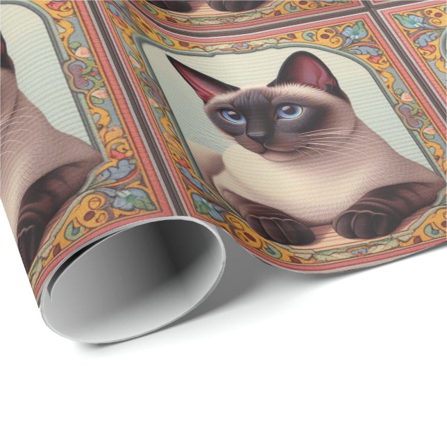 Realistic Cute Siamese Cat Colourful Floral Border Wrapping Paper (Roll Corner)