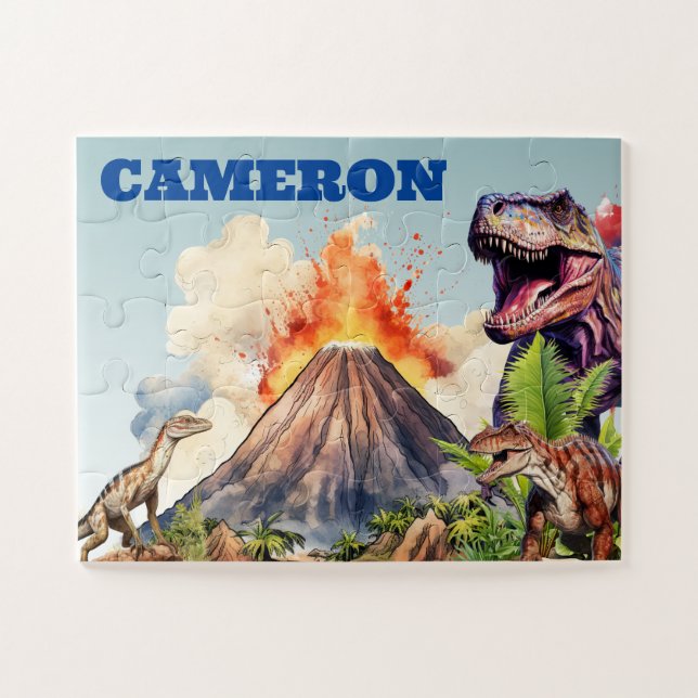 Realistic Dinosaurs and Volcano Custom Name Jigsaw Puzzle (Horizontal)