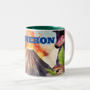 Realistic Dinosaurs and Volcano Custom Name Two-Tone Coffee Mug