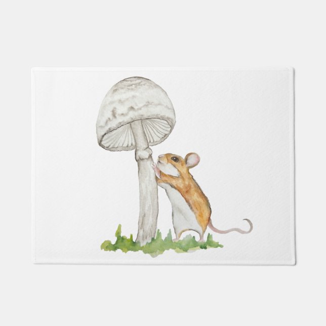 Realistic drawing of a funny field mouse and mushr doormat (Front)