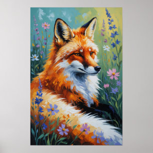 Realistic Fox Portrait in Floral Meadow Wildlife Poster